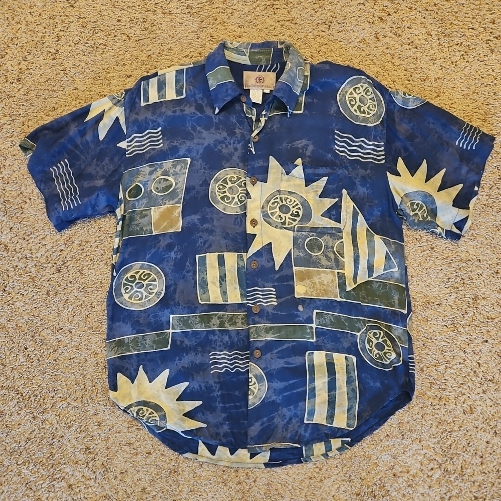 Territory Ahead Shirt Mens Large Geometric‎ Print Short Sleeve Blue Camp Casual